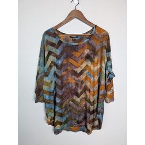 Karen Kane Blouse Womens 2X Multicolor Geometric Tunic 3/4 Sleeve Embroidered
